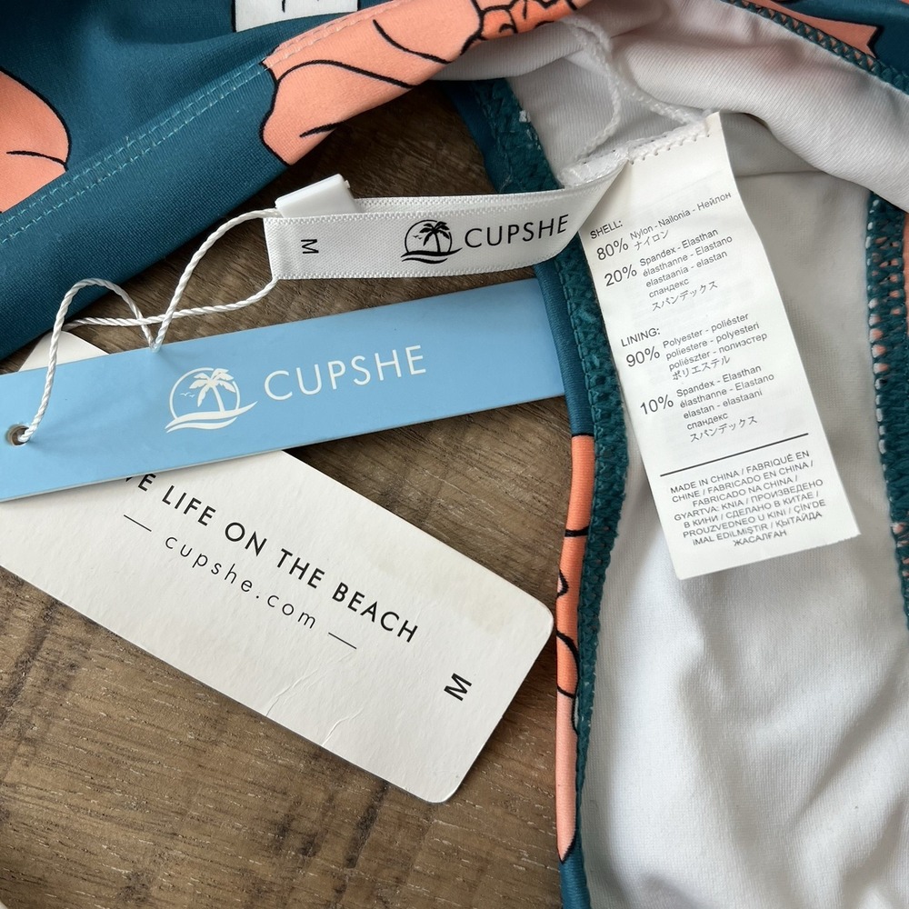 CUPSHE Bikini Set Size S‎ Top M Bottom Teal Coral Floral Cutout Clasp Beach NWT - Picture 2 of 12